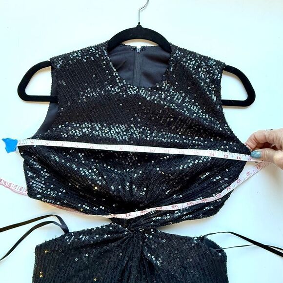 NWT Ieena for Mac Duggal NEW Sleeveless Black Sequin Midi Cutout Dress, style nu - Picture 8 of 11